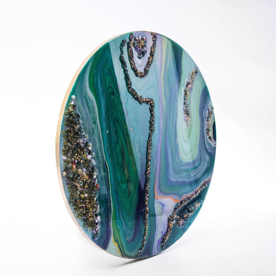 Панно настенное "Морская волна",  авторская ручная работа в технике Resin Art, глянцевое 3D покрытие, натуральный камень, стекло, Россия, 2021 г.