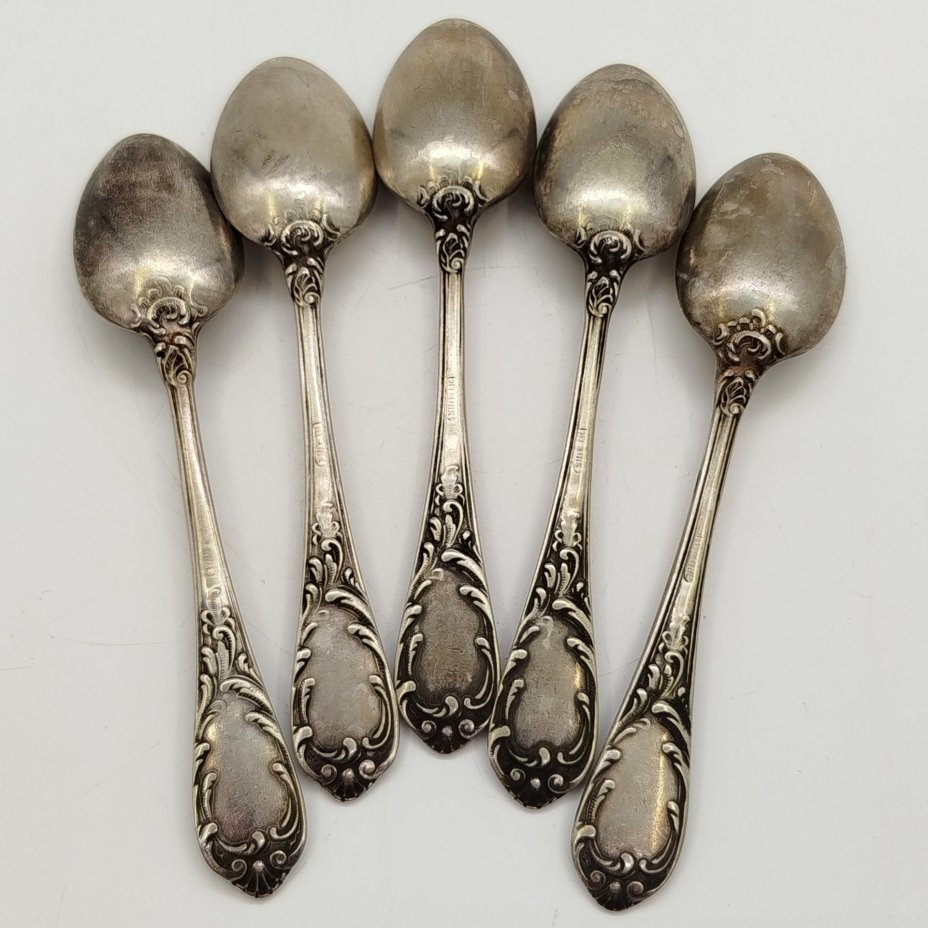 Набор из 5-ти чайных ложек, украшенных растительным декором, мНЦ (медь-никель-цинк), Вольнянский завод столовых приборов им. Шевченко (ЗiШ, ЗиШ), СССР, 1960-1990 гг.