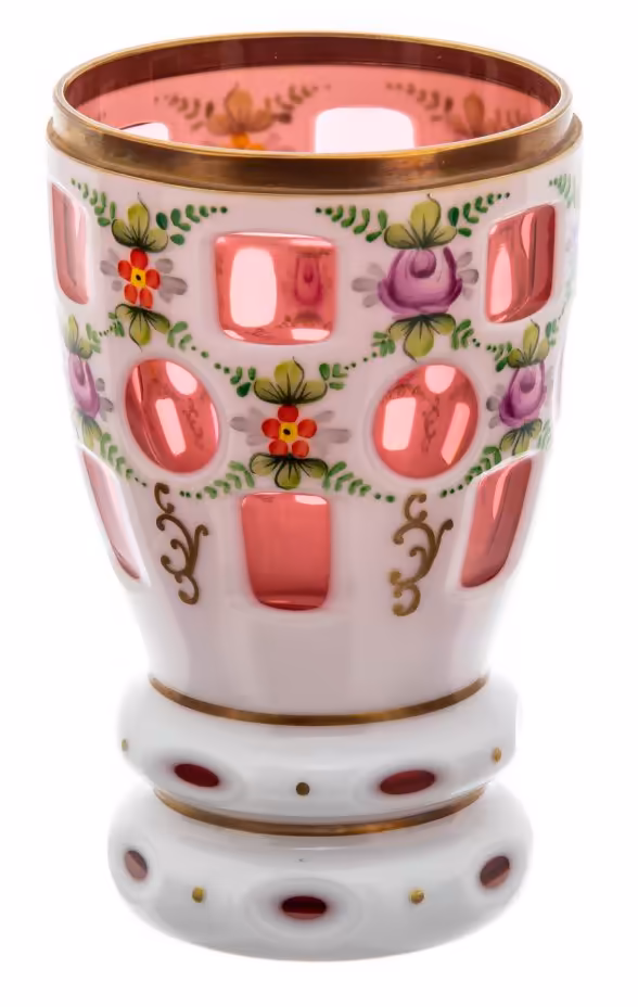 Ваза для цветов с растительным декором, стекло, роспись, Чехия, 1960-1980 гг.