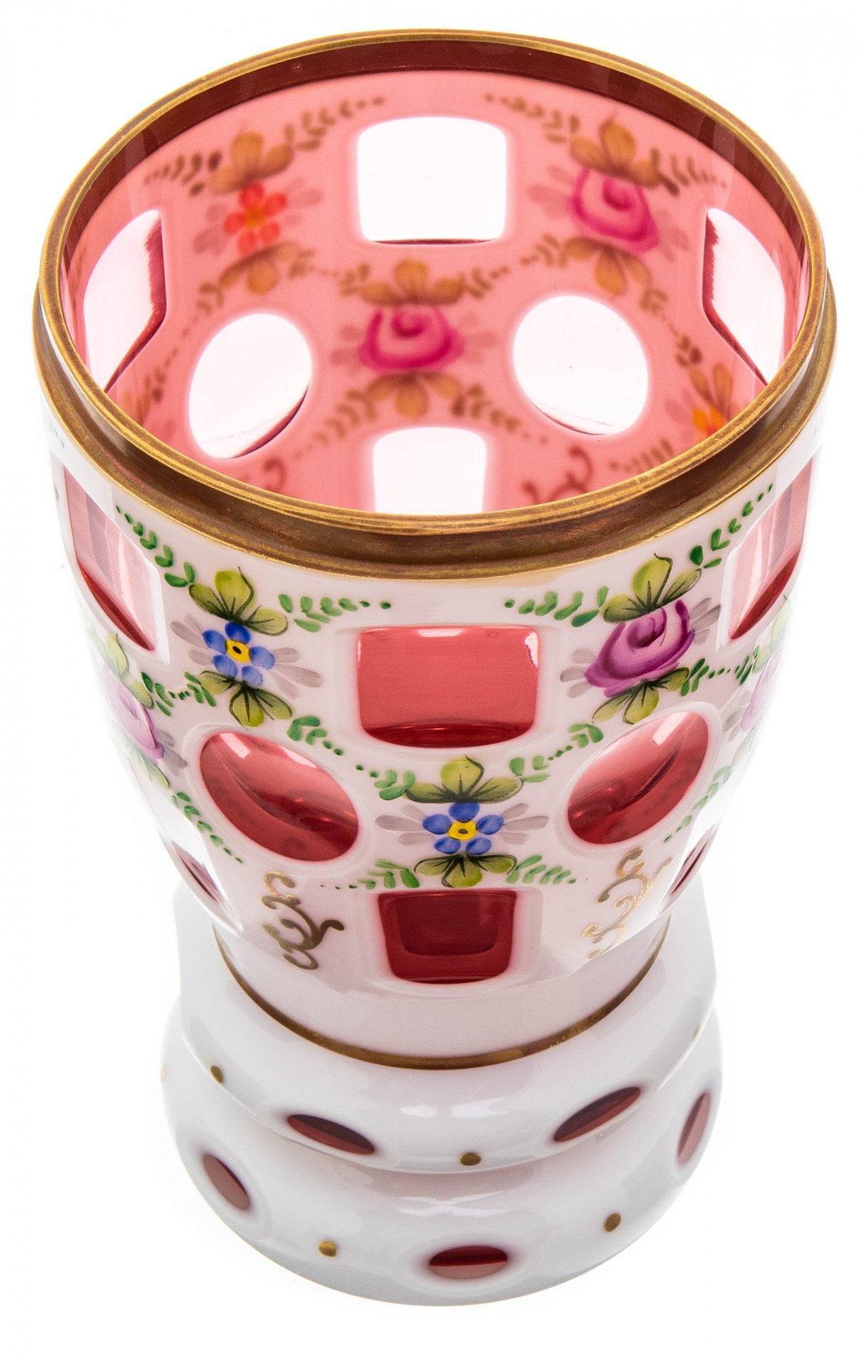 Ваза для цветов с растительным декором, стекло, роспись, Чехия, 1960-1980 гг.