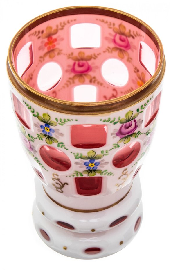 Ваза для цветов с растительным декором, стекло, роспись, Чехия, 1960-1980 гг.