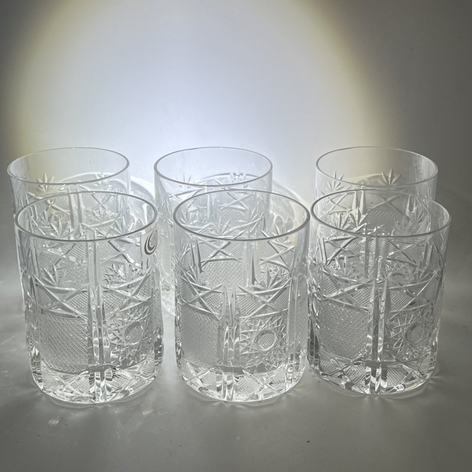 Набор из 6 стаканов с  резным геометрическим декором, хрусталь, алмазная грань, Хорватия, 1980-2000 гг.