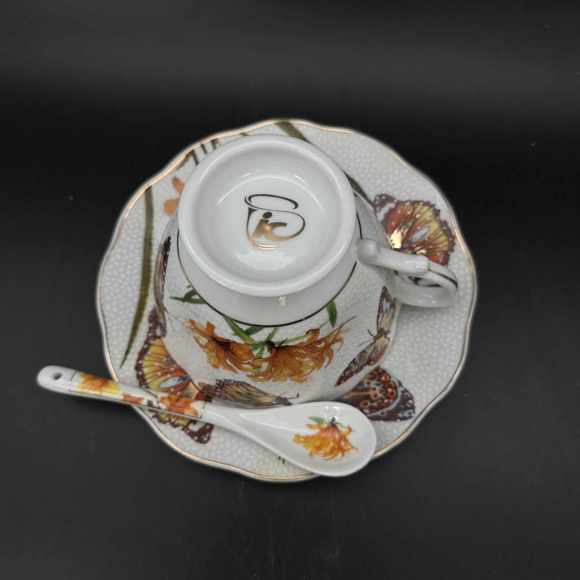 Чайная пара с ложечкой, в коробке, фарфор, деколь, золочение