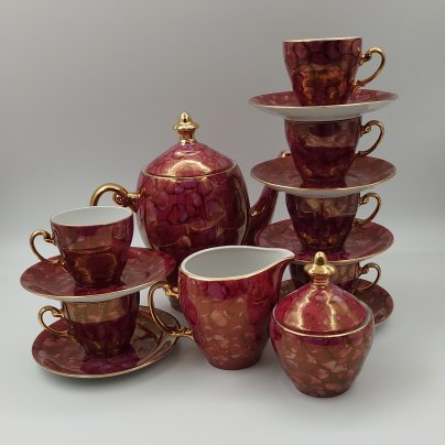 Сервиз кофейный с разводами в фиолетовой гамме на 6 персон (15 предметов), фарфор, люстр, золочение, Wloclawek (Влоцлавская фаянсовая фабрика), Польша, 1960-1980 гг.