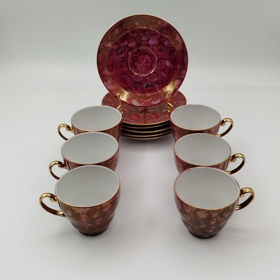 Сервиз кофейный с разводами в фиолетовой гамме на 6 персон (15 предметов), фарфор, люстр, золочение, Wloclawek (Влоцлавская фаянсовая фабрика), Польша, 1960-1980 гг.