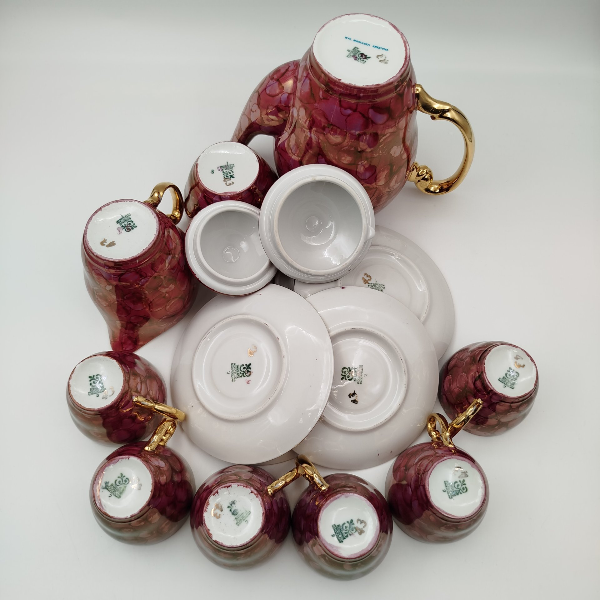 Сервиз кофейный с разводами в фиолетовой гамме на 6 персон (15 предметов), фарфор, люстр, золочение, Wloclawek (Влоцлавская фаянсовая фабрика), Польша, 1960-1980 гг.