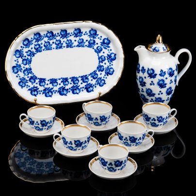 [Авторская подпись] Сервиз кофейный "Яблоньки" на 6 персон, автор Тодорская Вера Ивановна, фарфор, роспись, Дулевский фарфоровый завод (Дулёво), СССР, 1960-1980 гг.