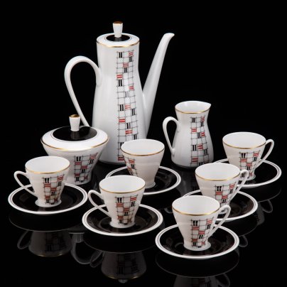 Сервиз кофейный c минималистичным геометрическим декором на 6 персон (15 предметов), фарфор, крытье, деколь, золочение, Freiberger Porzellan, ГДР, 1960-1990 гг.