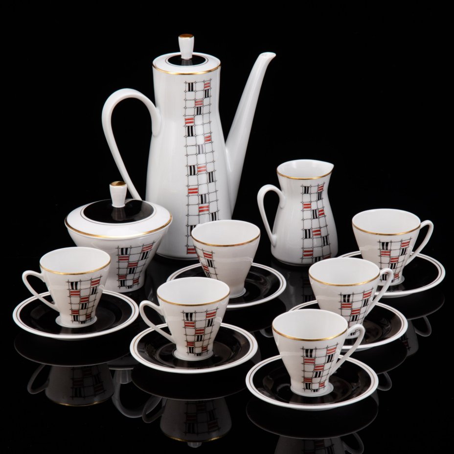 Сервиз кофейный c минималистичным геометрическим декором на 6 персон (15 предметов), фарфор, крытье, деколь, золочение, Freiberger Porzellan, ГДР, 1960-1990 гг.