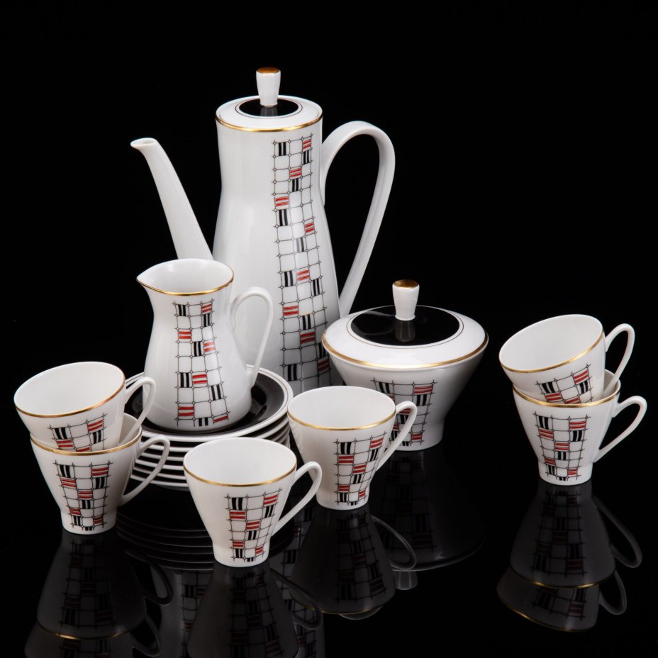 Сервиз кофейный c минималистичным геометрическим декором на 6 персон (15 предметов), фарфор, крытье, деколь, золочение, Freiberger Porzellan, ГДР, 1960-1990 гг.