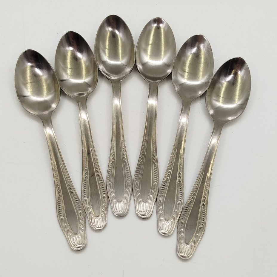 Набор из 6-ти кофейных ложек, украшенных растительным декором, Нытвенский металлургический завод, нержавеющая сталь, СССР, 1960-1980 гг.