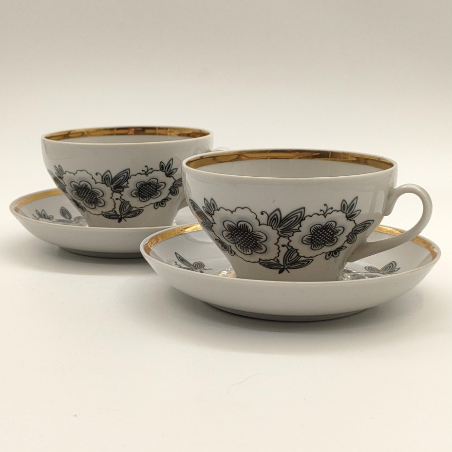 Набор из 2-х чайных пар с цветочным декором, фарфор, деколь, золочение, Дулевский фарфоровый завод (Дулёво), Россия, 1968-1991 гг.