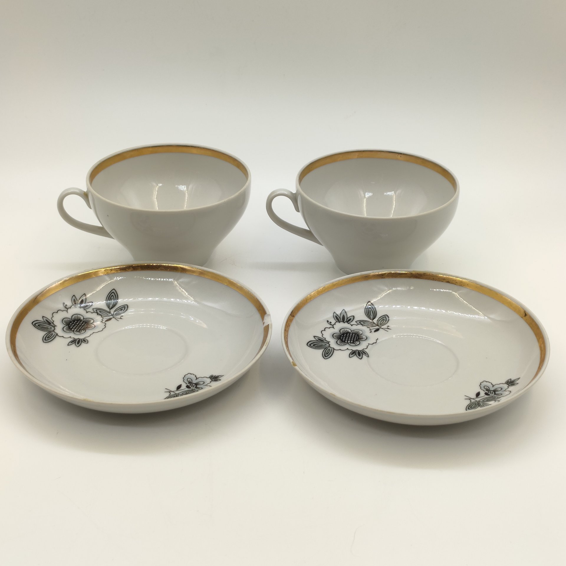 Набор из 2-х чайных пар с цветочным декором, фарфор, деколь, золочение, Дулевский фарфоровый завод (Дулёво), Россия, 1968-1991 гг.