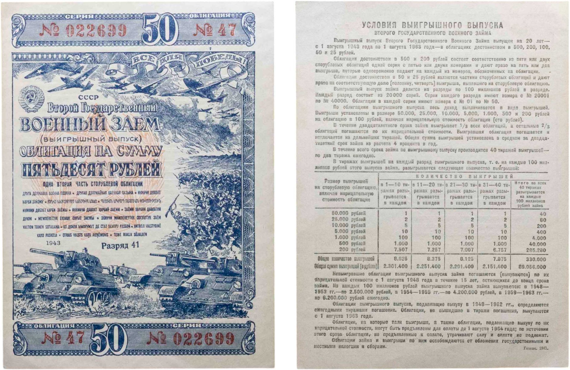 Военный Заем Облигация 50 рублей 1943 Второй Государственный