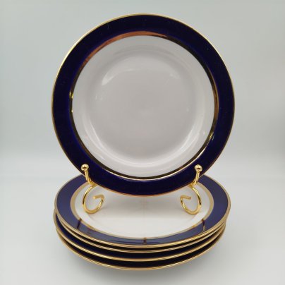 Набор из 5-ти закусочных тарелок, украшенных ленточным декором, фарфор, крытье, золочение, Дулевский фарфоровый завод (Дулёво), СССР, 1990 г.