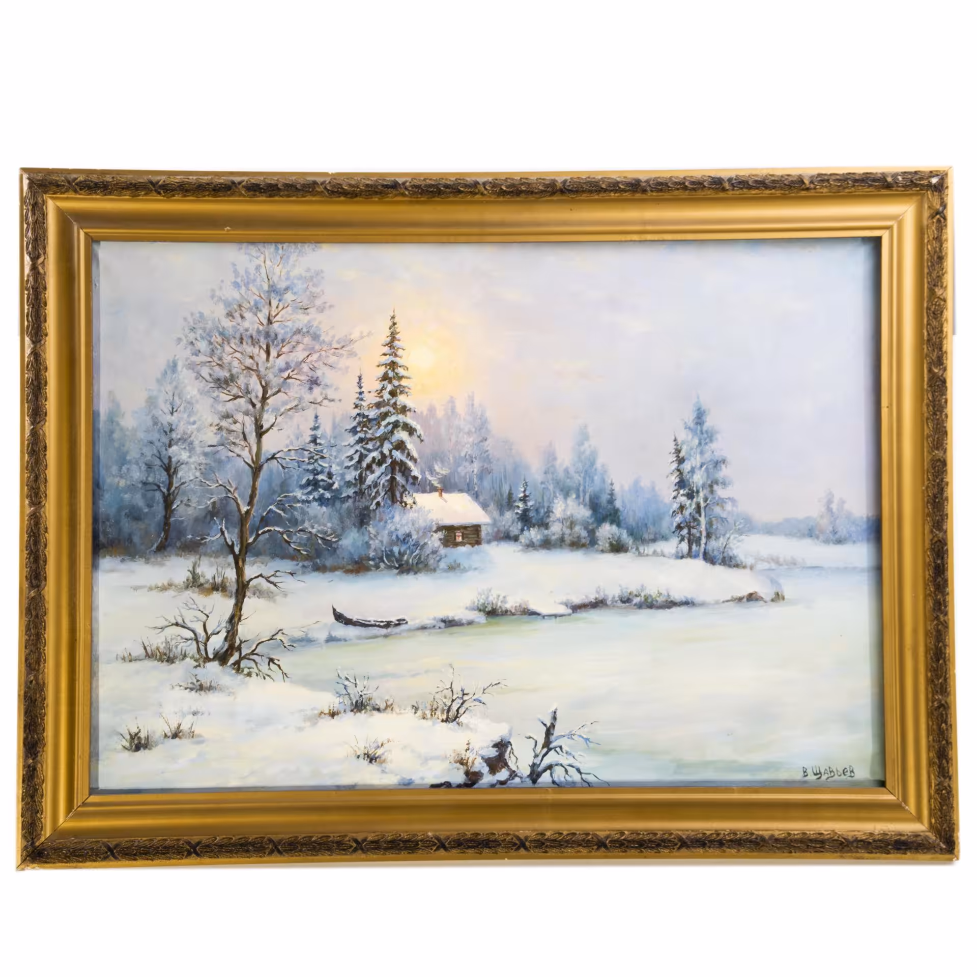 Картина "Хижина в зимнем лесу" в раме, Художник Щавьев В.