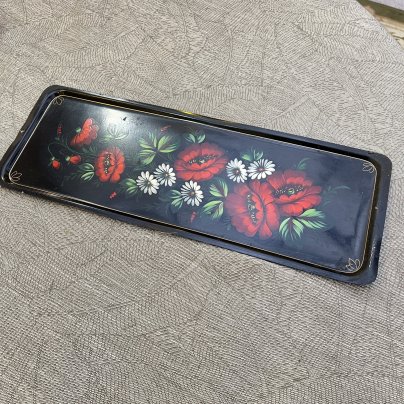 Поднос прямоугольной формы с цветным декором, жесть, роспись, Жостовская фабрика декоративной росписи, СССР, 1960-1980 гг.