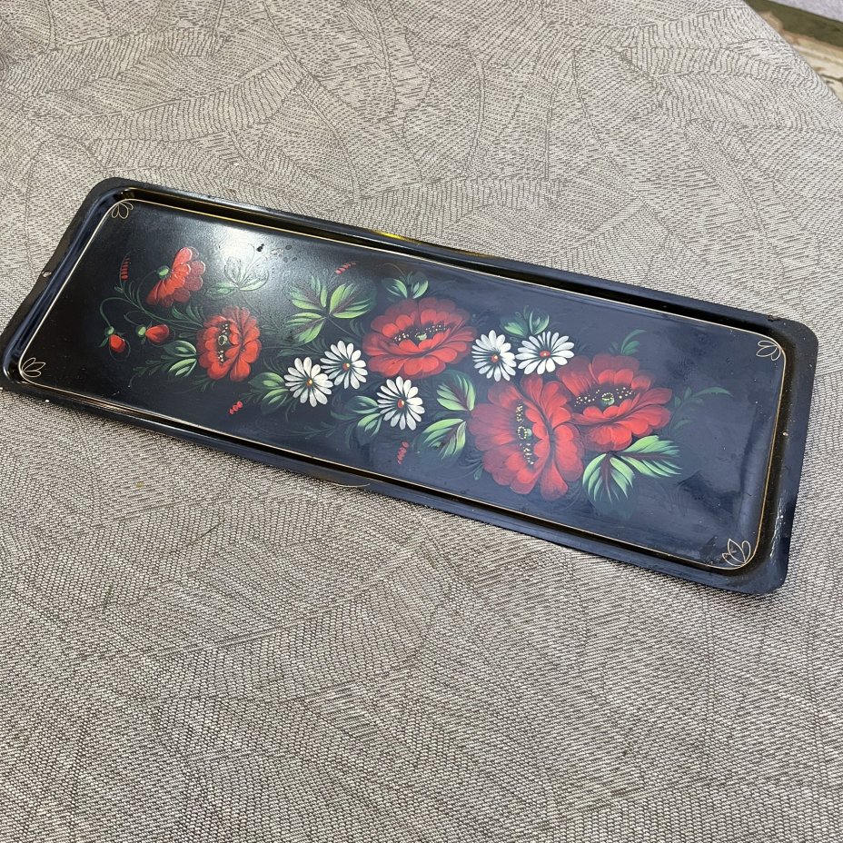 Поднос прямоугольной формы с цветным декором, жесть, роспись, Жостовская фабрика декоративной росписи, СССР, 1960-1980 гг.