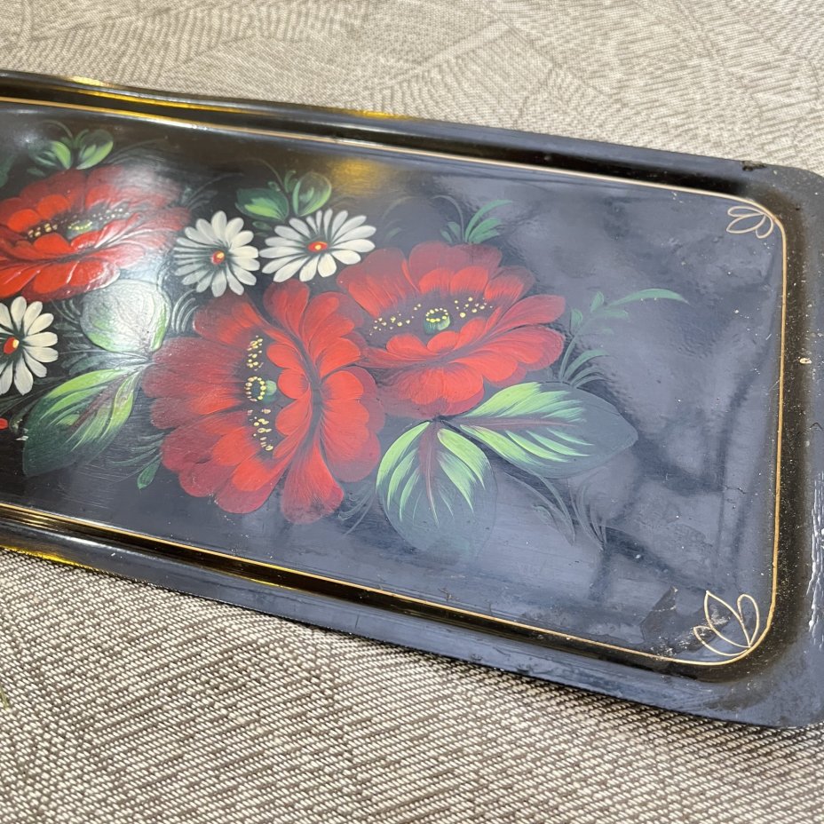 Поднос прямоугольной формы с цветным декором, жесть, роспись, Жостовская фабрика декоративной росписи, СССР, 1960-1980 гг.