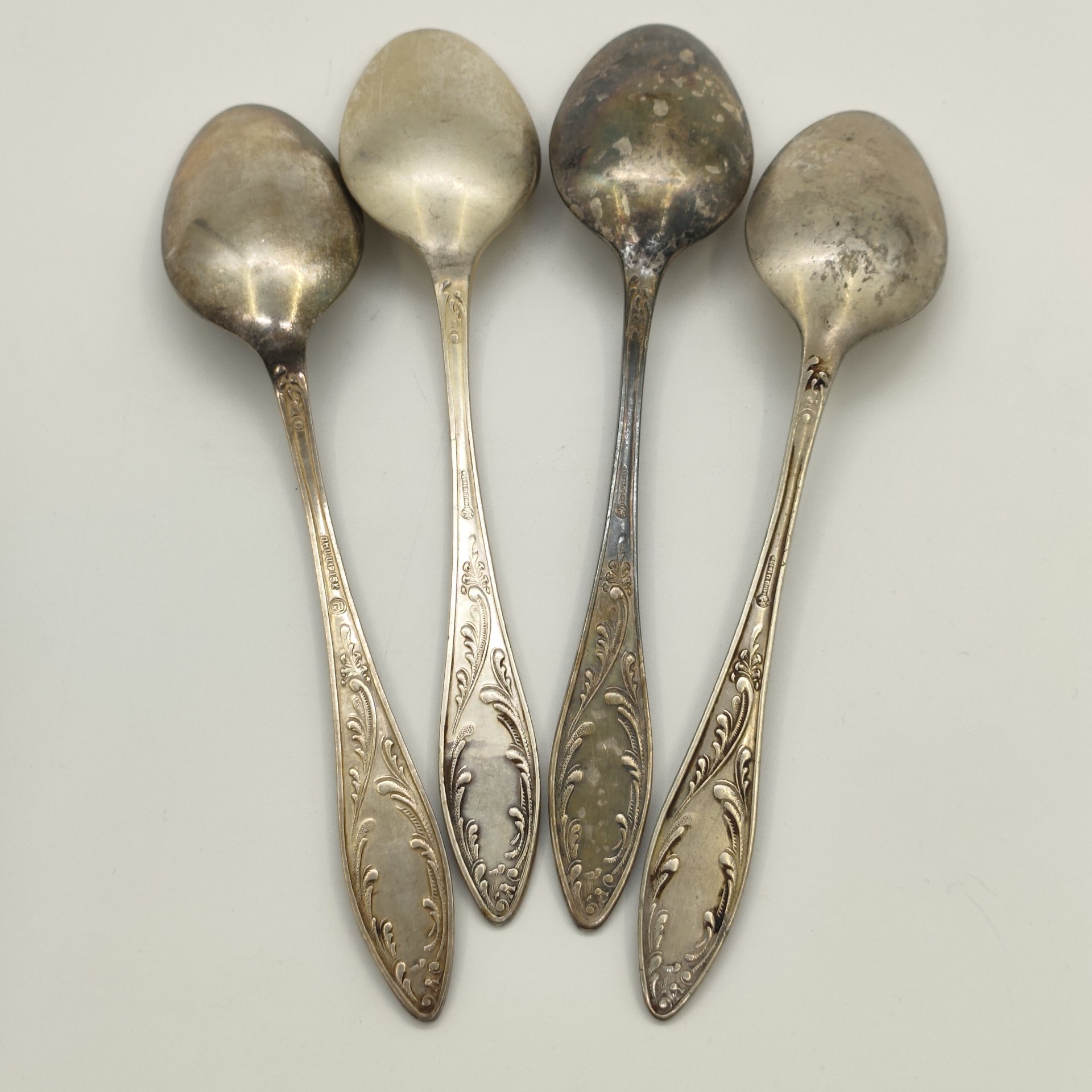 Набор из 4-х столовых ложек "Пламя" (в подборе), Кольчугинский завод цветных металлов, Режевский механический завод (РМ), мНЦ (медь-никель-цинк), СССР, 1960-1990 гг.