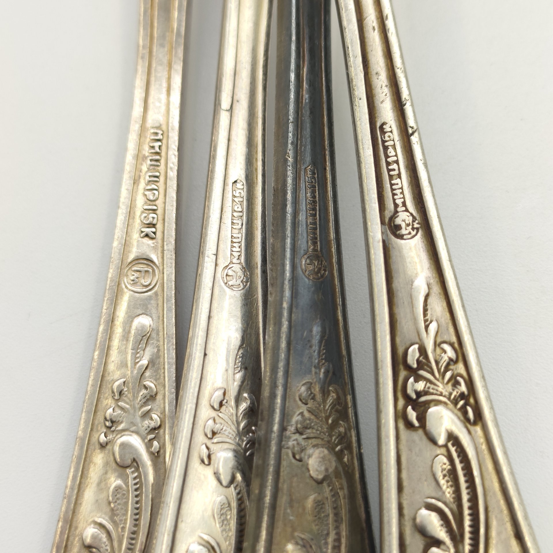 Набор из 4-х столовых ложек "Пламя" (в подборе), Кольчугинский завод цветных металлов, Режевский механический завод (РМ), мНЦ (медь-никель-цинк), СССР, 1960-1990 гг.