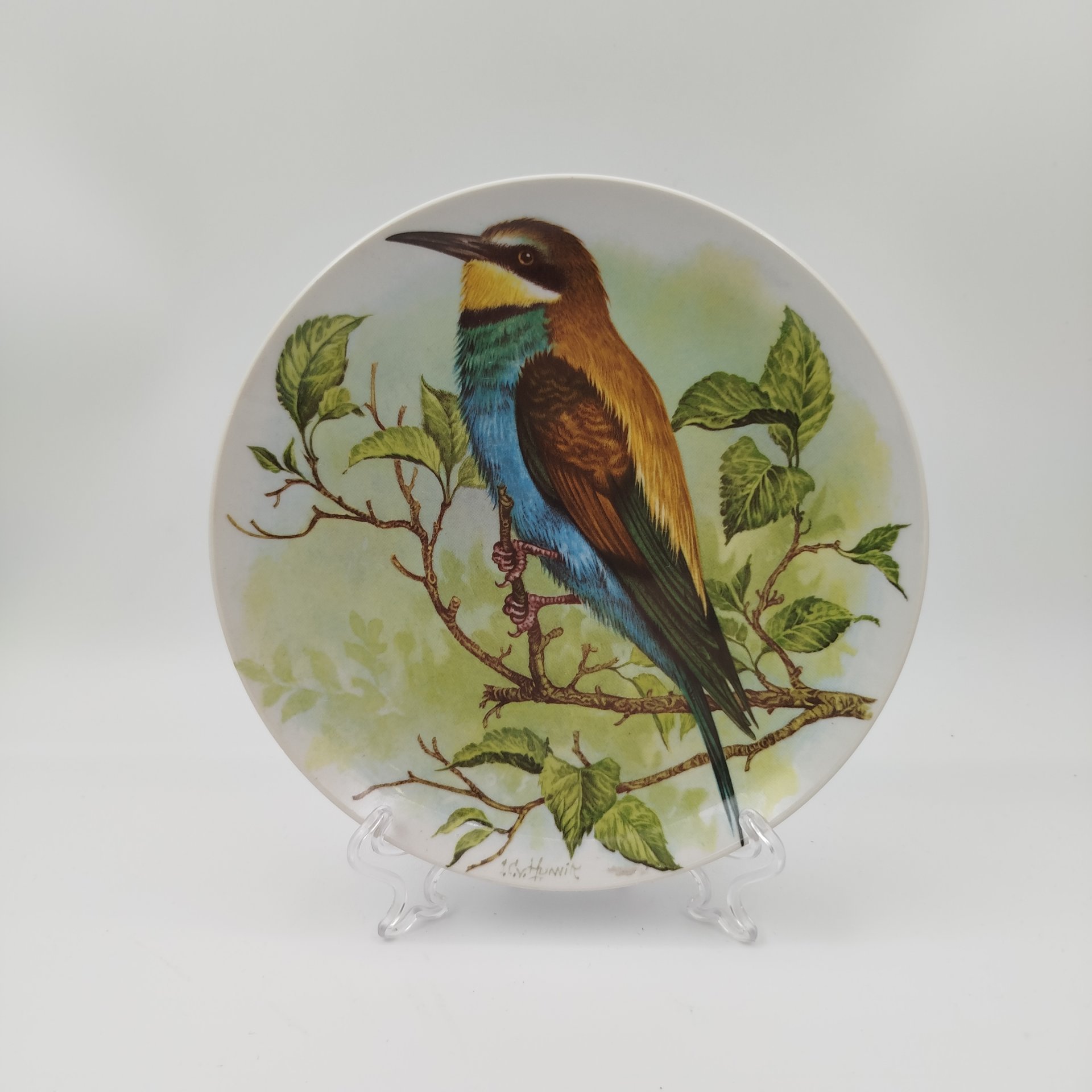 Тарелка декоративная настенная "Золотистая щурка", фарфор, деколь, Дмитровский фарфоровый завод (ДФЗ Вербилки), СССР, 1965-1991 гг.