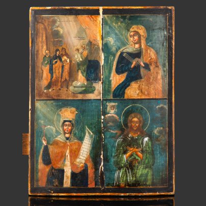 Икона в четырех клеймах "Сретение Господа нашего Иисуса Христа,  Семистрельная Божья Матерь, Святая мученица Параскева Пятница, Преподобный Алексий, человек Божий"