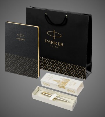 Подарочный набор: Шариковая ручка Parker Jotter Russia SE, цвет: St. Steel GT и Ежедневник недатированный, чёрный, Металлы: латунь, нержавеющая сталь, позолота, позолота
