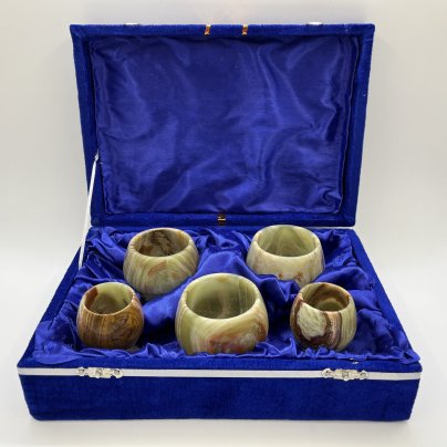 Набор бокалов и рюмок для крепких напитков из натурального камня (5 шт., в подборе), в оригинальной коробке, оникс, Россия, 1990-2010 гг.