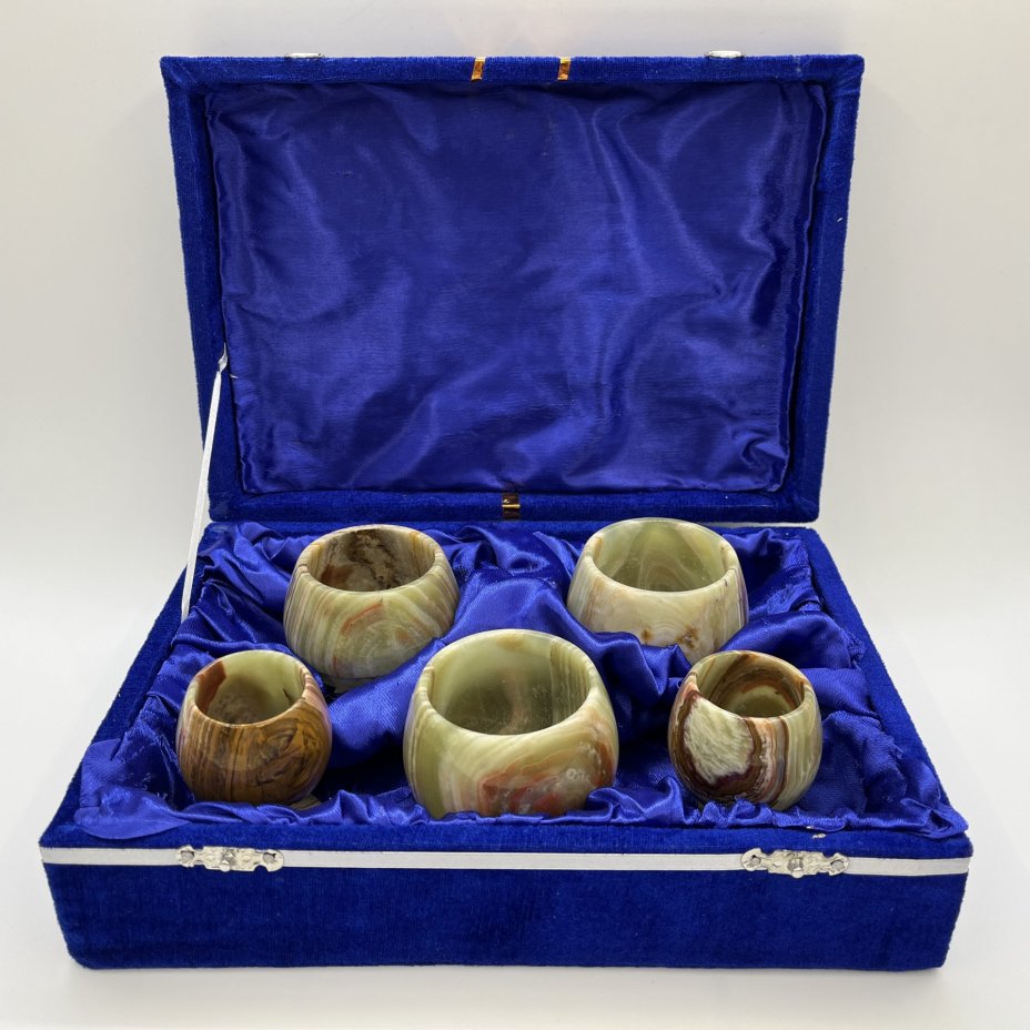 Набор бокалов и рюмок для крепких напитков из натурального камня (5 шт., в подборе), в оригинальной коробке, оникс, Россия, 1990-2010 гг.