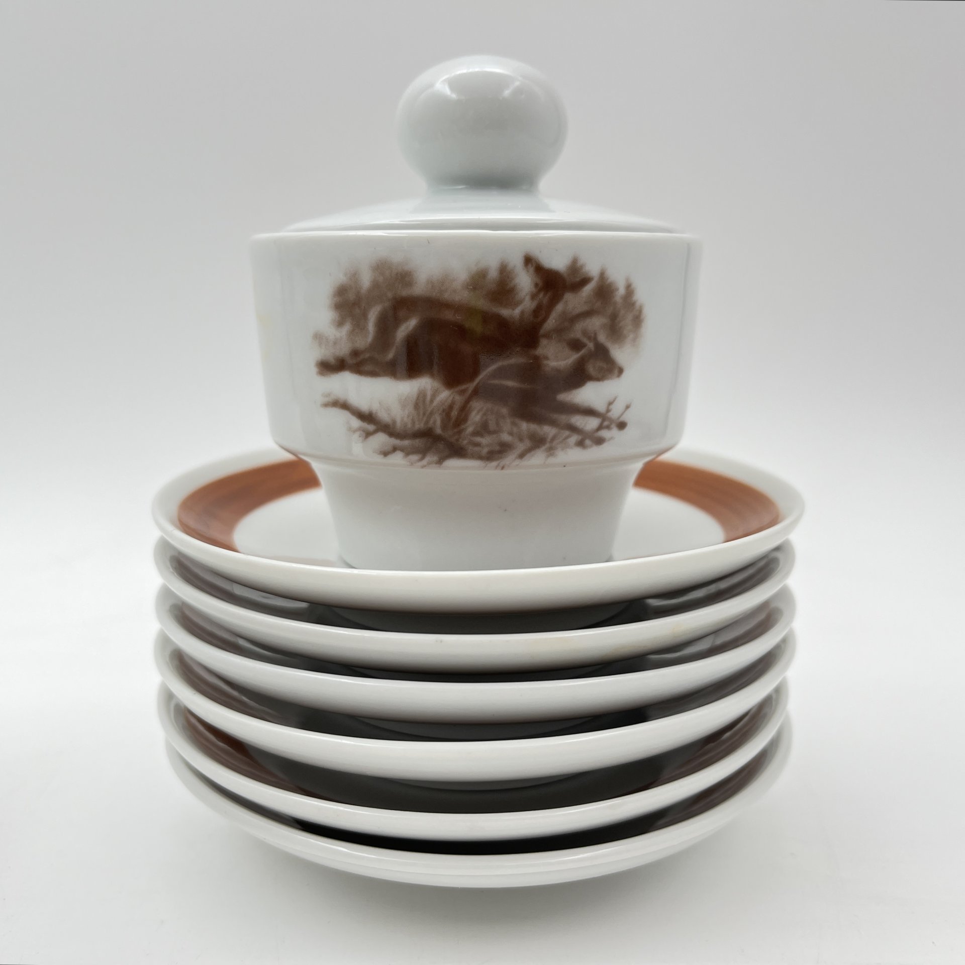 Сервиз кофейный на 6 персон, украшенный изображением дичи (15 предметов), фарфор, деколь, Colditz (Кольдиц), Германия, 1980-1990 гг.