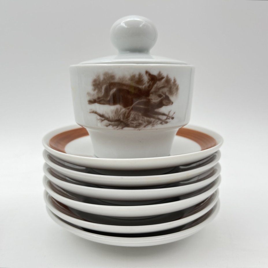 Сервиз кофейный на 6 персон, украшенный изображением дичи (15 предметов), фарфор, деколь, Colditz (Кольдиц), Германия, 1980-1990 гг.