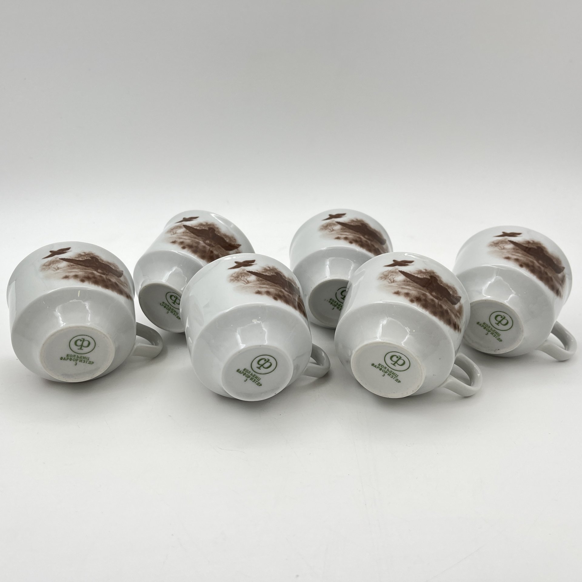 Сервиз кофейный на 6 персон, украшенный изображением дичи (15 предметов), фарфор, деколь, Colditz (Кольдиц), Германия, 1980-1990 гг.