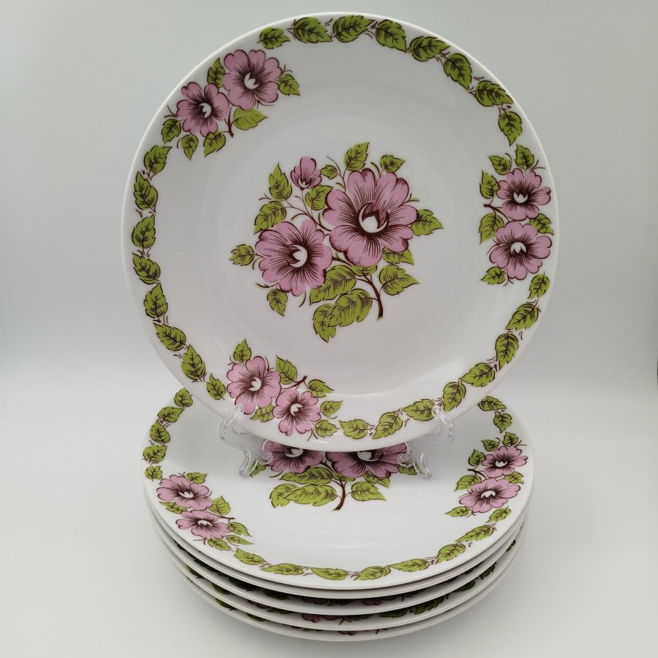 Набор из шести обеденных тарелок с цветочным декором в розово-зеленой гамме