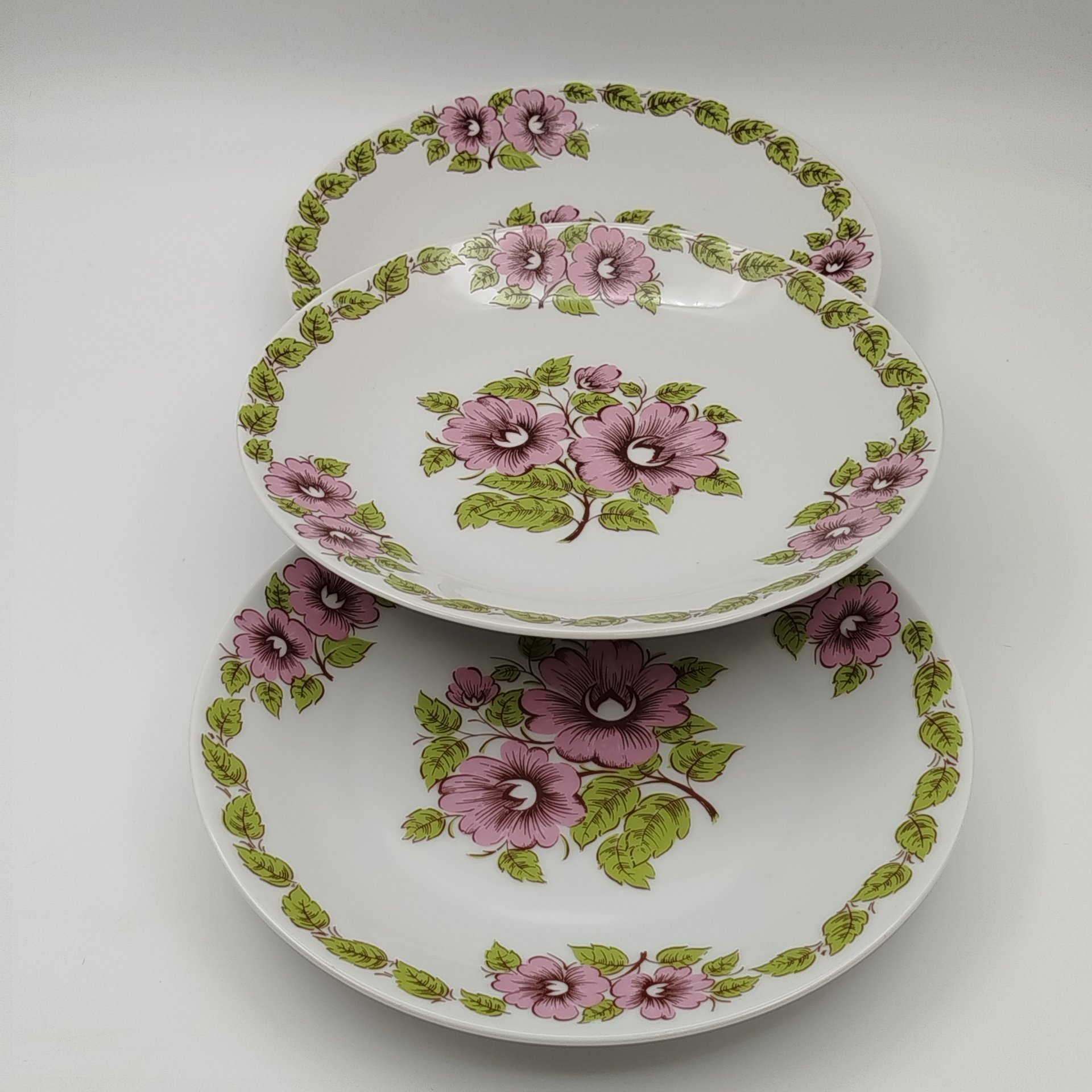Набор из шести обеденных тарелок с цветочным декором в розово-зеленой гамме