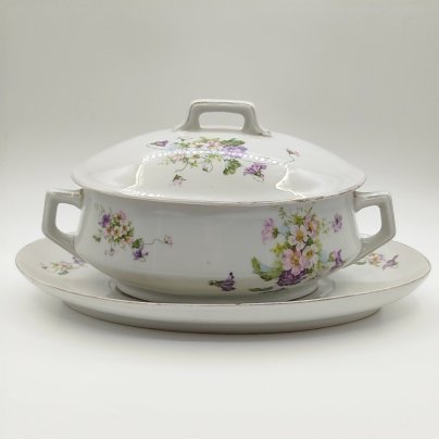 Террина/супница на подставке (для подачи горячих блюд) с цветочным декором, фарфор, деколь, золочение, Российская империя, 1890-1917 гг.