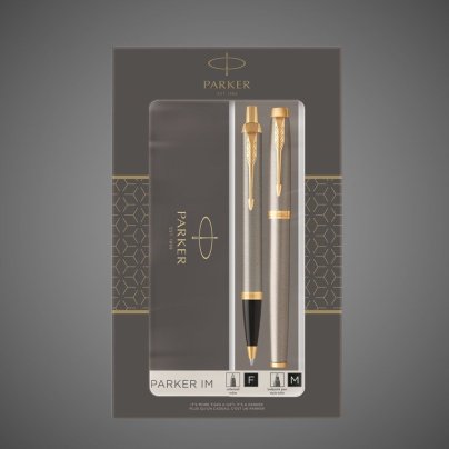 Подарочный набор из 2-х ручек Parker IM brushed metal GT роллер+шариковая ручки, Лаки и смолы: лак, латунь