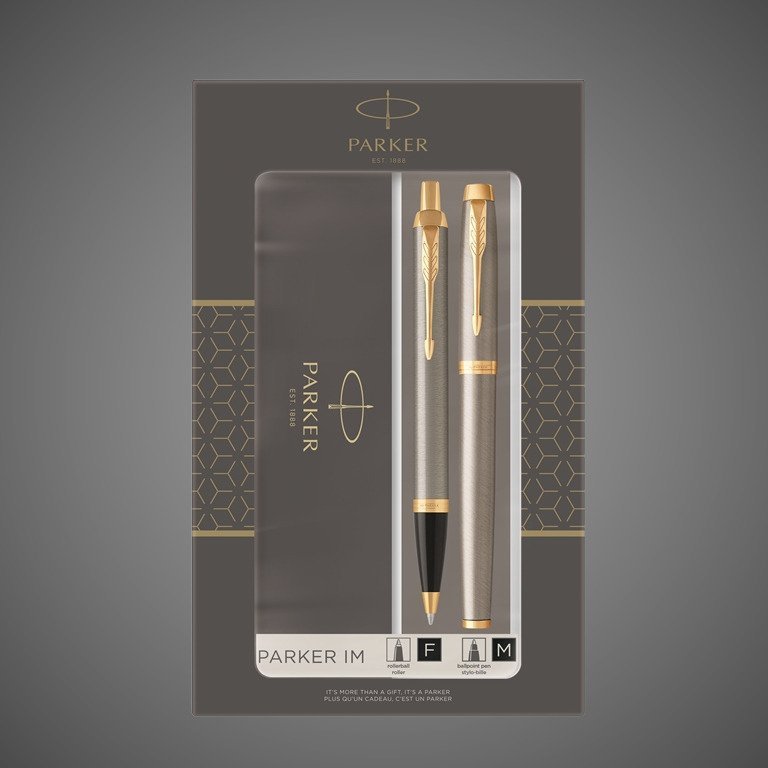 Подарочный набор из 2-х ручек Parker IM brushed metal GT роллер+шариковая ручки, Лаки и смолы: лак, латунь