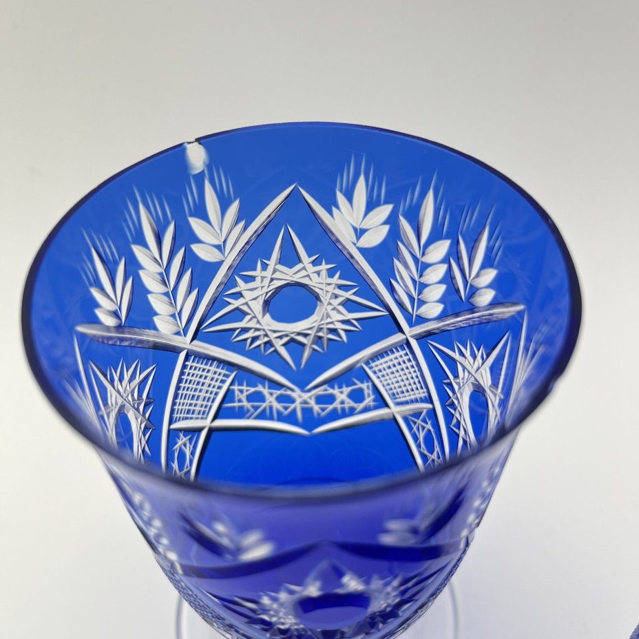 Пара бокалов на ножках с декором в виде колосков, стекло, нацвет, алмазная грань, Дятьковский хрустальный завод, СССР, 1960-1980 гг.