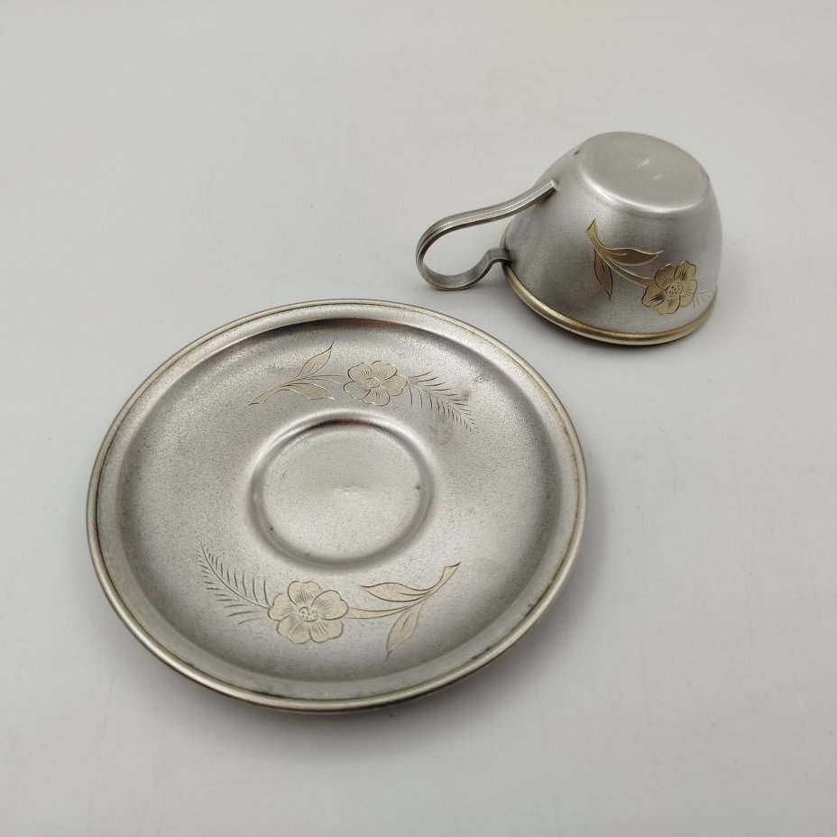 Кофейная пара с цветочным декором, мельхиор (медь-никель), Мстерская художественная фабрика  «Ювелир», СССР, 1977 г.