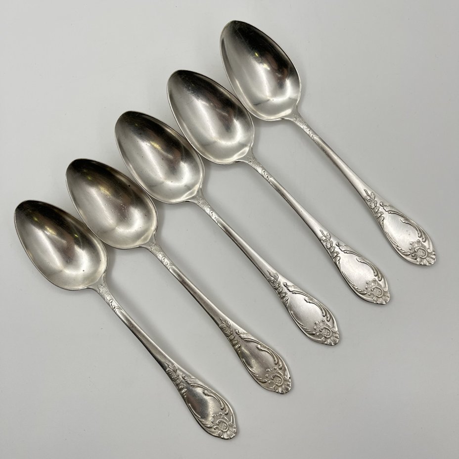 Набор из 5-ти столовых ложек с растительным декором, мНЦ (медь-никель-цинк), Вольнянский завод столовых приборов им. Шевченко (ЗiШ, ЗиШ), СССР, 1960-1980 гг.