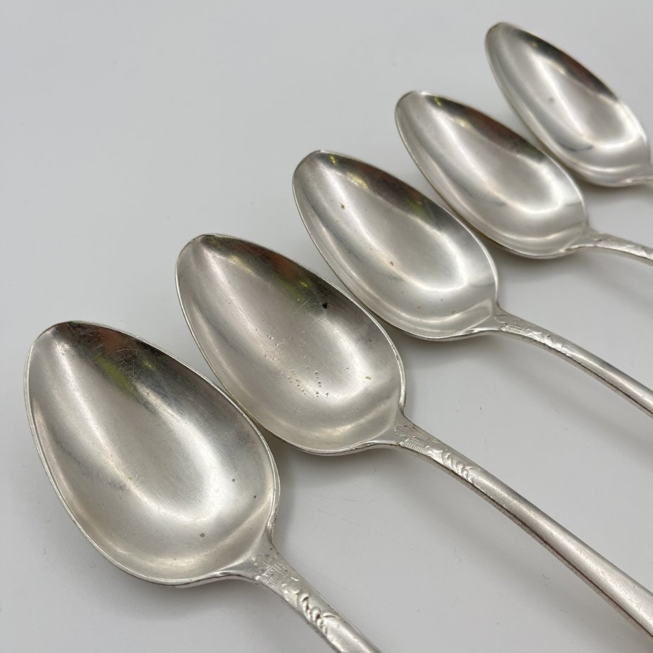 Набор из 5-ти столовых ложек с растительным декором, мНЦ (медь-никель-цинк), Вольнянский завод столовых приборов им. Шевченко (ЗiШ, ЗиШ), СССР, 1960-1980 гг.
