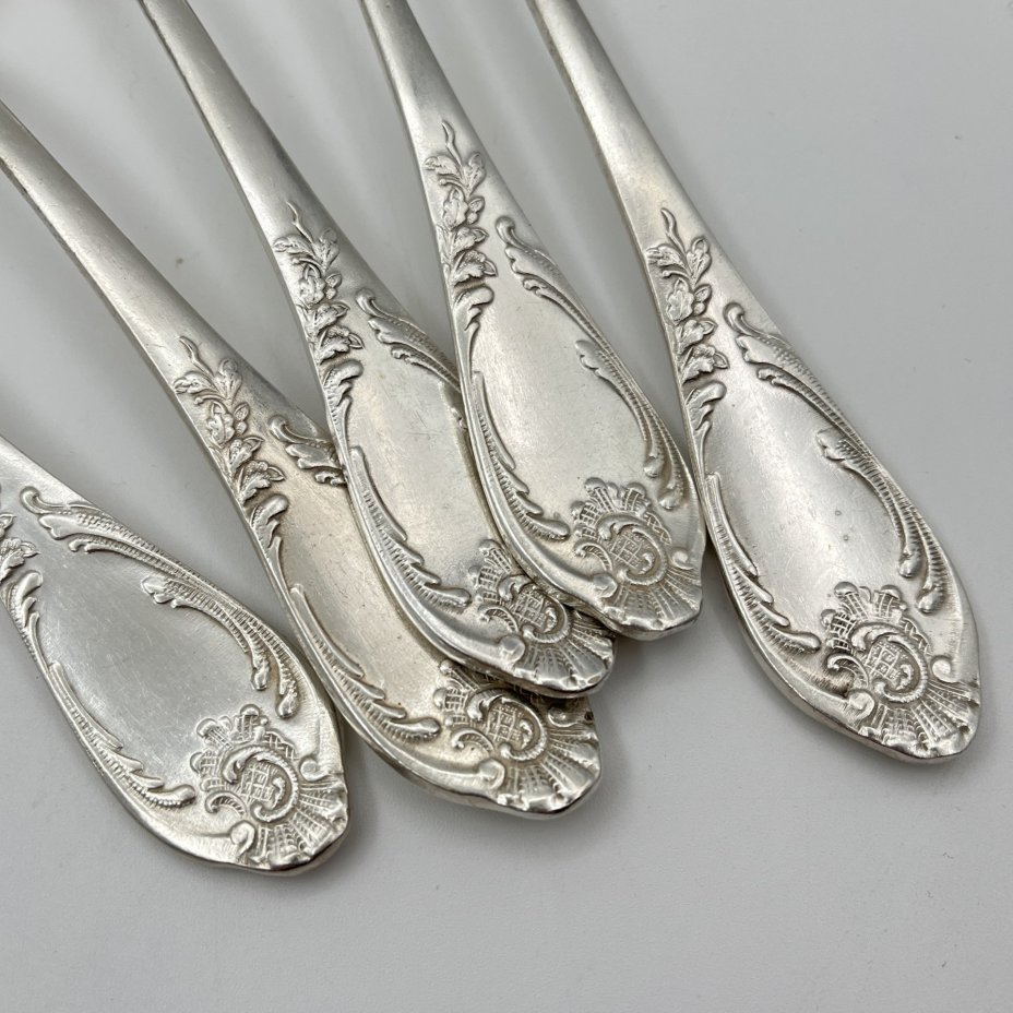 Набор из 5-ти столовых ложек с растительным декором, мНЦ (медь-никель-цинк), Вольнянский завод столовых приборов им. Шевченко (ЗiШ, ЗиШ), СССР, 1960-1980 гг.