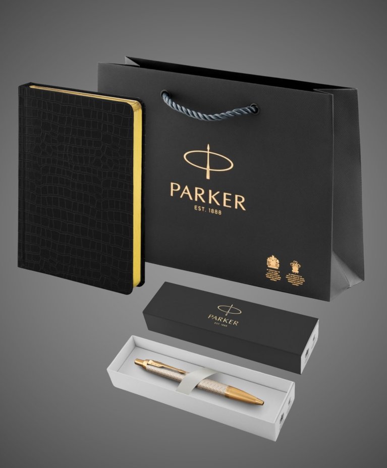 Подарочный набор:Шариковая ручка Parker IM Premium Warm Silver (grey) GT и Ежедневник недатированный А5 черный, Металлы: латунь, позолота, позолота