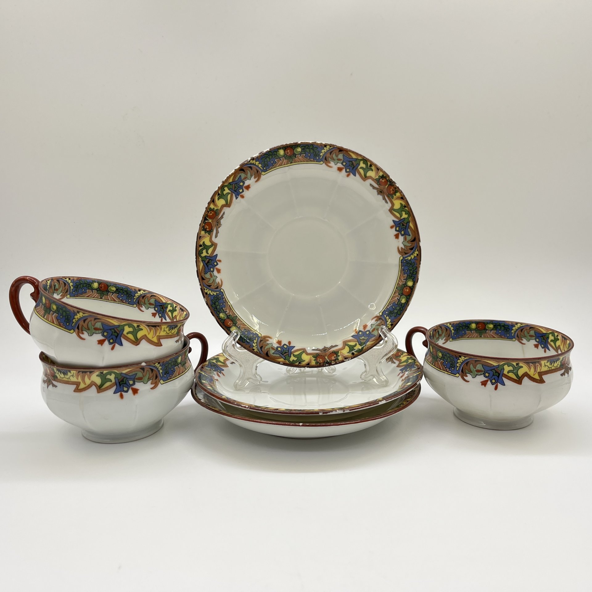 Набор из 3-х чайных пар  с геометрическим растительным декором в стиле Art Deco, Porzellan-Union, фарфор, деколь, Чехословакия, 1921-1927 гг.