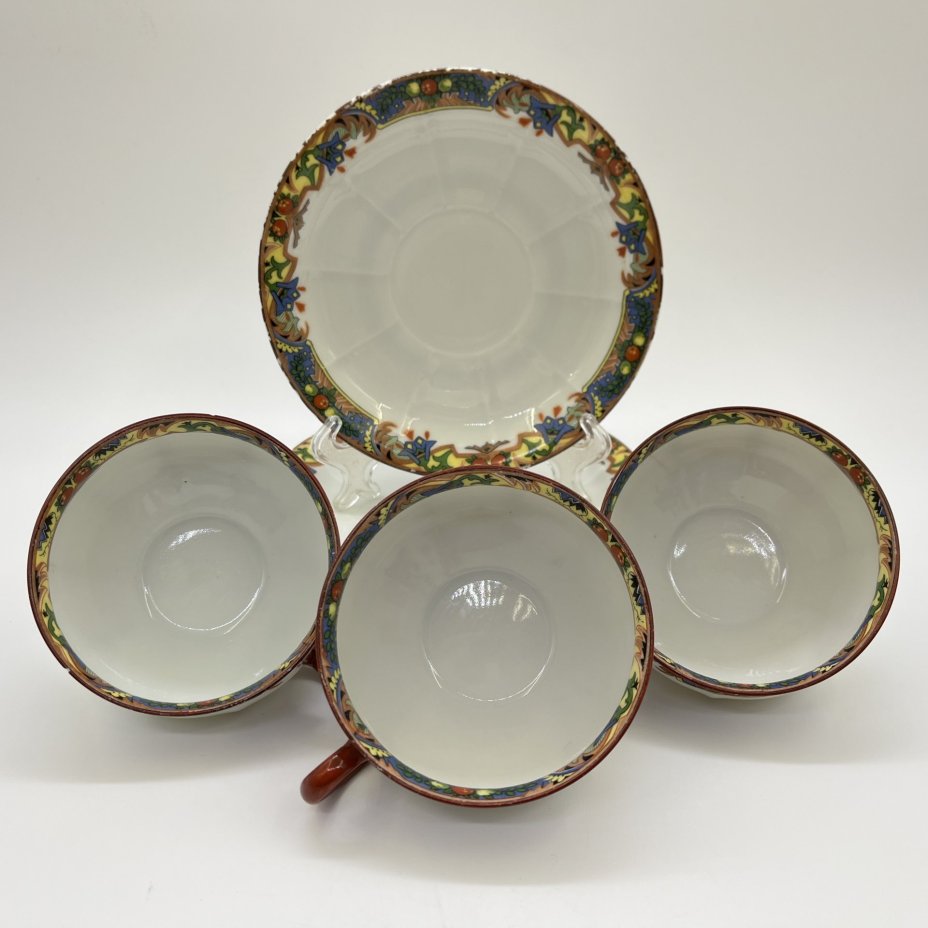 Набор из 3-х чайных пар  с геометрическим растительным декором в стиле Art Deco, Porzellan-Union