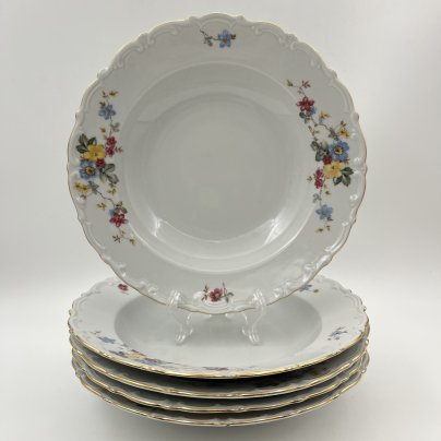 Набор из 5-ти суповых тарелок с цветочным декором и рельефным бортом, фарфор, деколь, золочение, Kahla, Германия, 1937-1956 гг.