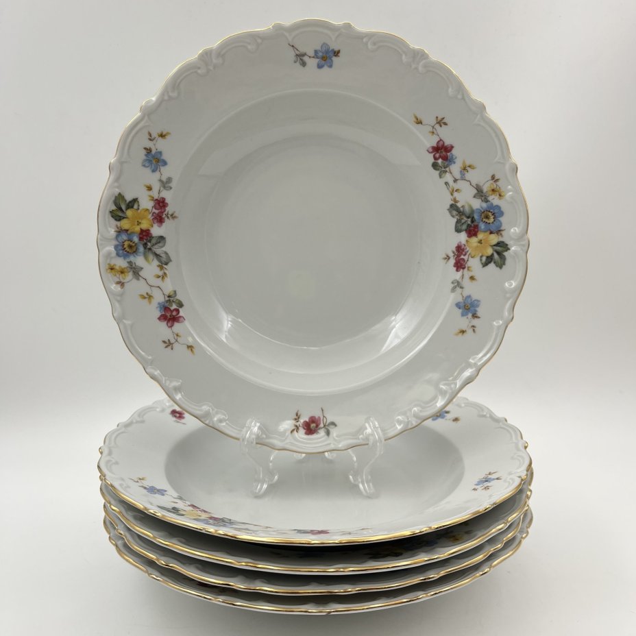 Набор из 5-ти суповых тарелок с цветочным декором и рельефным бортом, фарфор, деколь, золочение, Kahla, Германия, 1937-1956 гг.