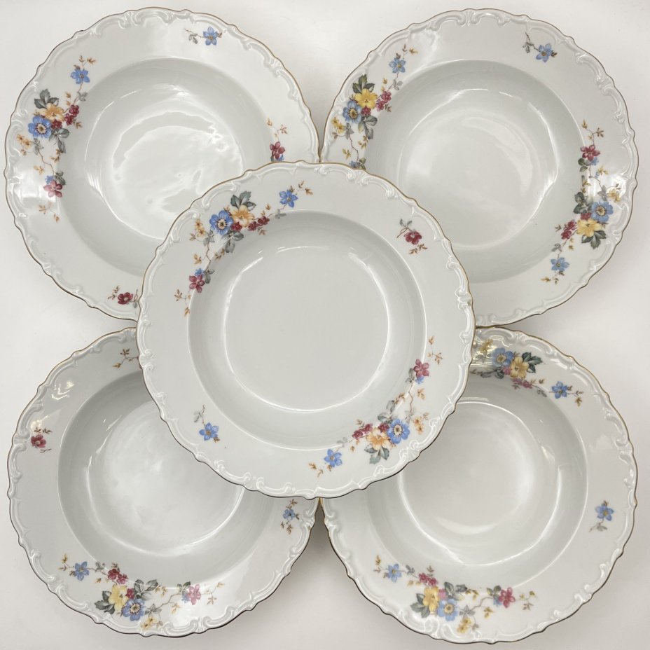 Набор из 5-ти суповых тарелок с цветочным декором и рельефным бортом