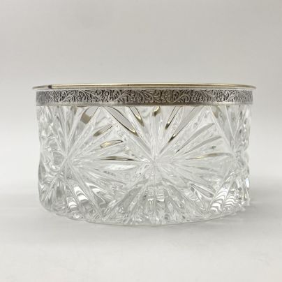 Ваза (конфетница) с орнаментальным ободком, хрусталь, мельхиор, СССР, 1960-1990 гг.